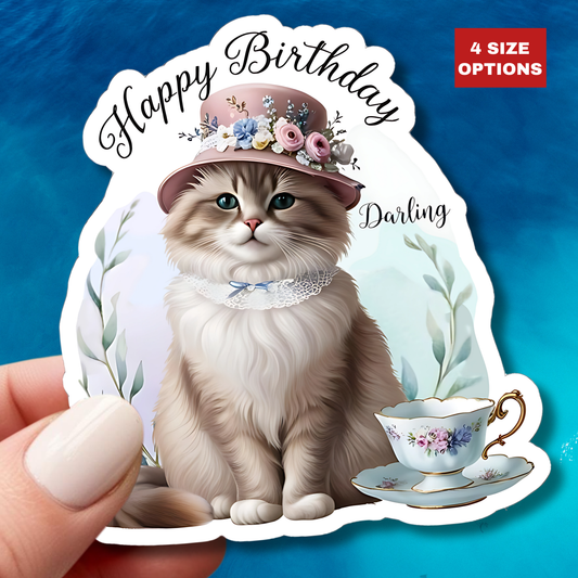Happy Birthday Darling Sticker, Fluffy Cat In Floral Hat With Teacup Vintage Style Cute Vinyl Sticker, Gift For Cat Lovers Elegant Party Art