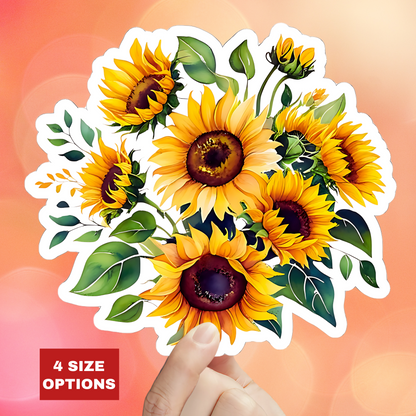 Beautiful Sunflower Bouquet Kiss-Cut Sticker, Floral Vinyl Decal, Laptop Water Bottle Sticker, Sunshine Decor Happy Vibes Positive Affirmation